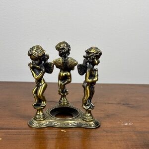 Antique-Style Gold Cast Metal Three Musicians Cherubs Votive Candle Holder